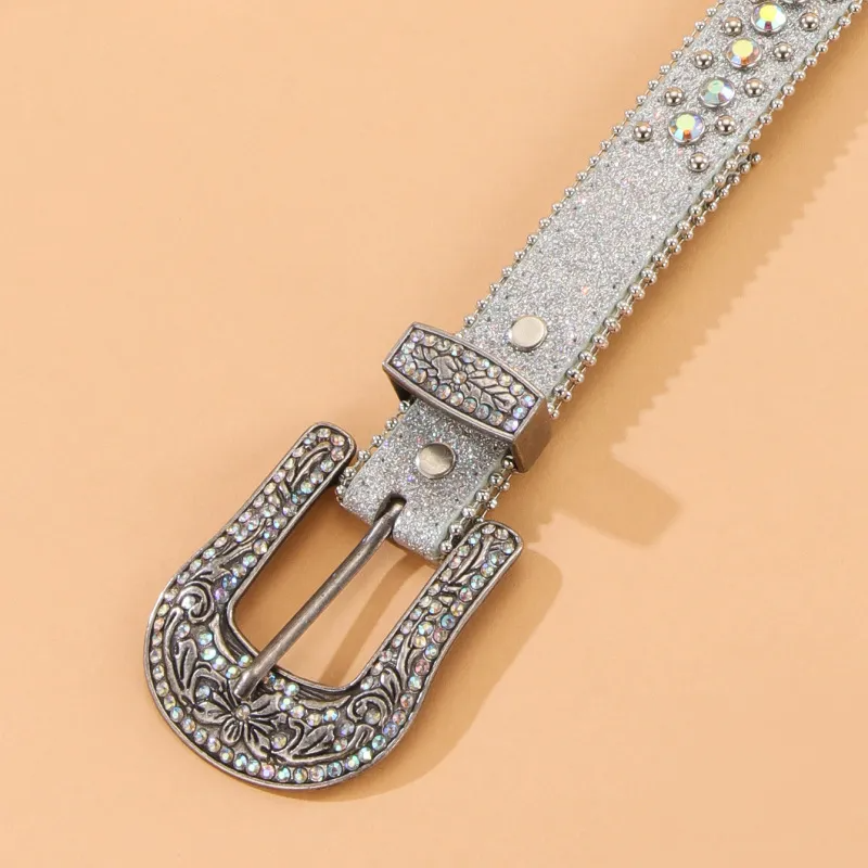 Women Fashion Casual Solid Color Punk Rivet PU Rhinestone Metal Buckle Belt