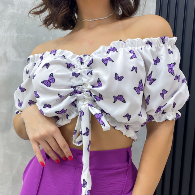 Women'S Sexy Butterfly Print Cropped Neck Cropped Shirt With Wooden Ears