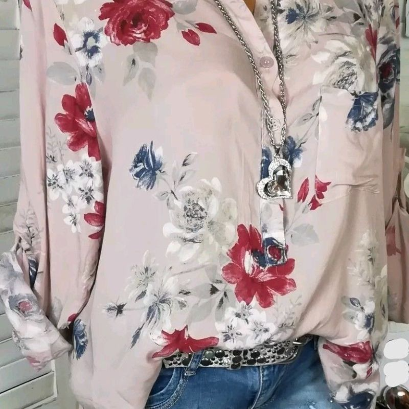 Fashion Casual Loose Floral Print V-Neck Long-Sleeved Women Blouses