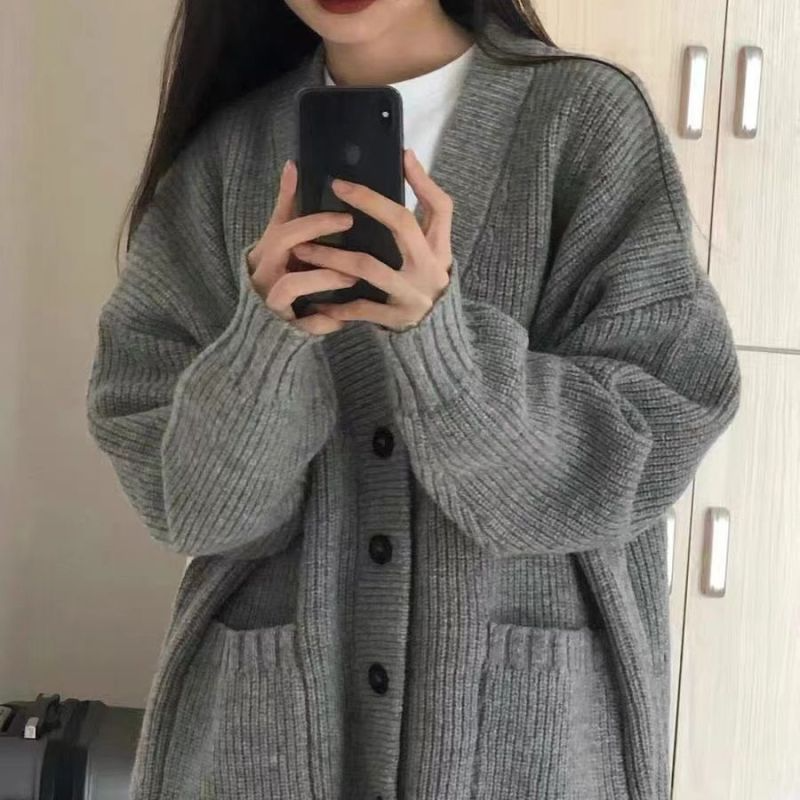 Women Fashion Simple Lazy Style V-Neck Cardigan Sweater Knitted Jacket