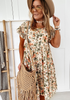 Women Fashion Casual Tiny Flower Printing Puff Sleeve Round Neck Dress