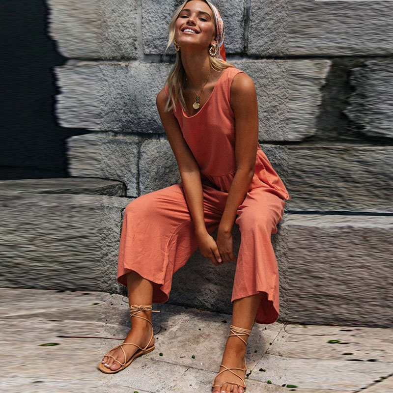 Women Round Collar Solid Color Sleeveless Loose Jumpsuits