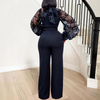 Women Solid Color Lace Mesh Stitching Long-Sleeved Waist Wide-Leg Jumpsuit