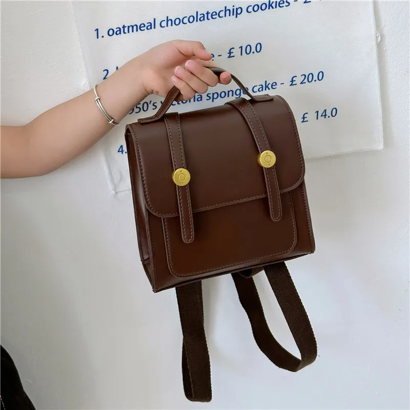 Kids Girls Fashion Casual Retro Solid Color Square Magnetic Button Backpacks Bags