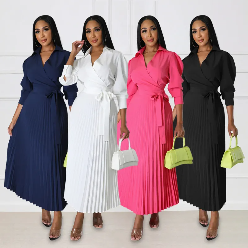 Women Ramadan /Eid Fashion Solid Color Long Sleeve Polo Collar High Waist Pleated Dress