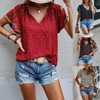 Fashion Women Summer Casual Boho Floral Printed V-Neck Short-Sleeved Loose Blouse