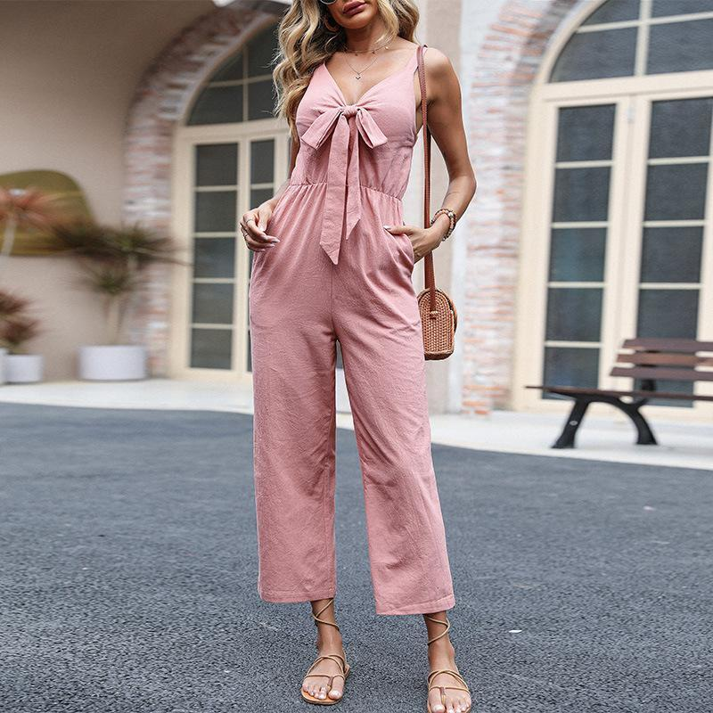 Women Bow V-Neck Cotton And Linen Solid Color Jumpsuit