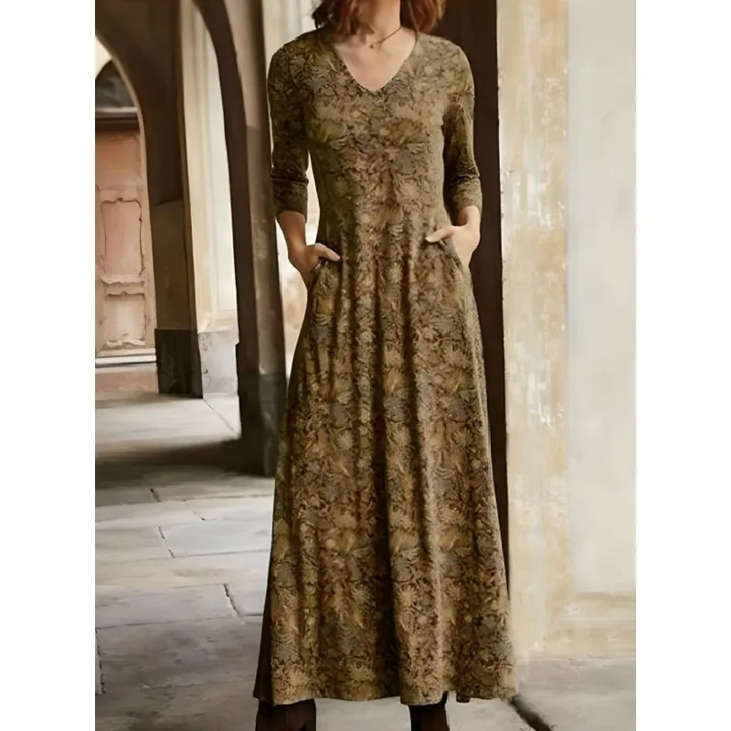 Women Ramadan /Eid Fashion Casual Printed V-Neck Pocket Long Sleeve Maxi Dress