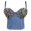 Women Fashion Rhinestone Studs Denim Camisole Corset