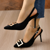 Women Fashion Casual Plus Size Solid Color Pointed Toe Metal Buckle Sling Back High Heel Sandals