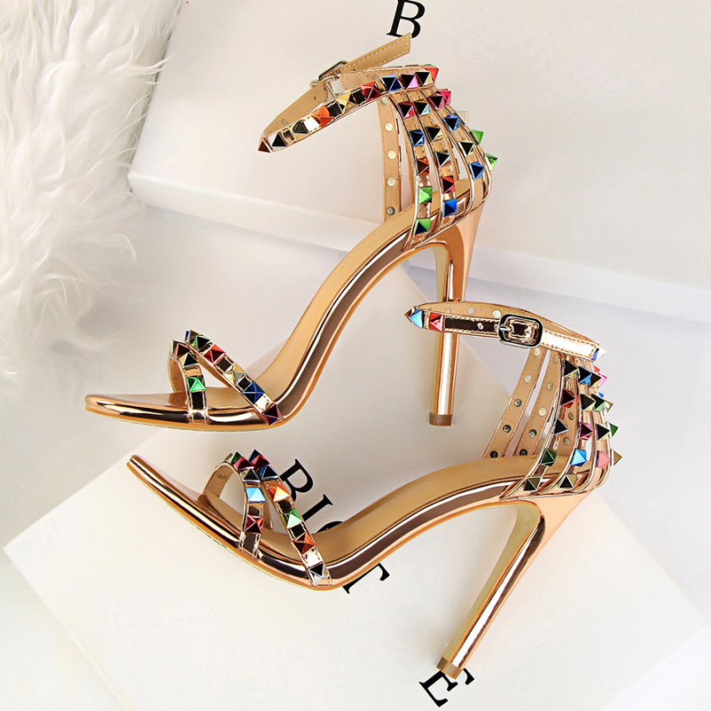 Fashion Women Sexy 11cm High Heels Rivets Studded Sandals Ankle Buckle Strap Stiletto Shoes