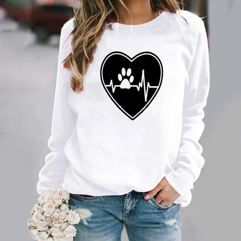 Fashion Women Casual Long Sleeves Round Neck Footprint Heart Print Sweatshirt