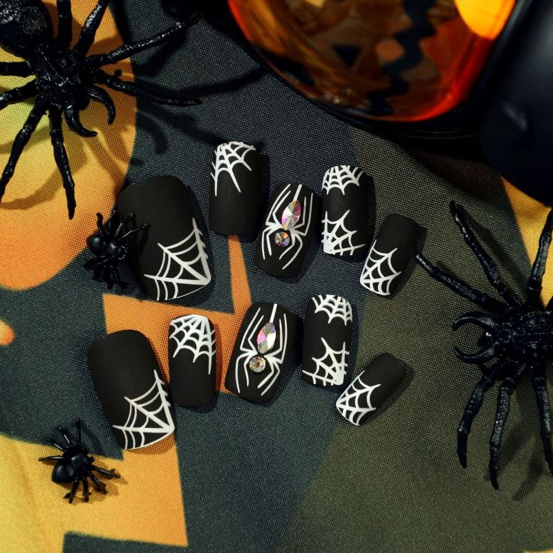 ( Buy 1 Get 2 ) Women Halloween Black Frosted White Cobweb Rhinestone Wearable False Nails