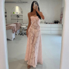 Women'S Fashion Solid Color Floral Jacquard See-Through Spaghetti Strap Maxi Swing Dress