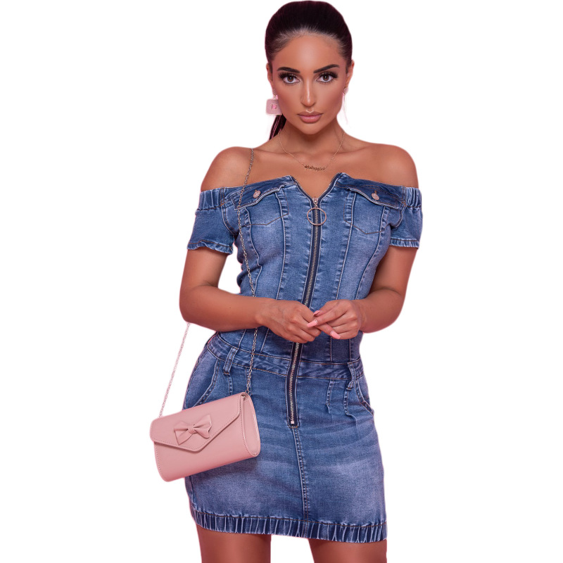 Women Basic Elegant Off-The-Shoulder Zipper Denim Lapel Bodycon Dress