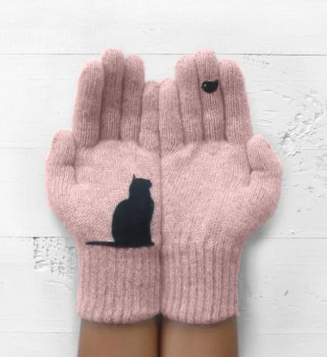 (Buy 1 Get 1) Autumn Winter Women Fashion Casual Cat Bird Printed Wool Knitted Warm Gloves