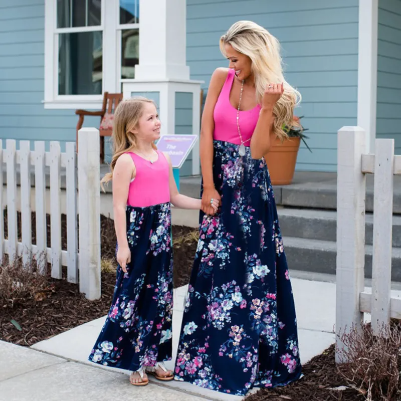 Family Summer Vacation Floral Print Mother And Daughter Splicing Maxi Dress