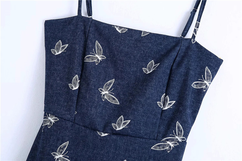 Women'S Fashion Temperament Butterfly Printing Denim Slip Dress