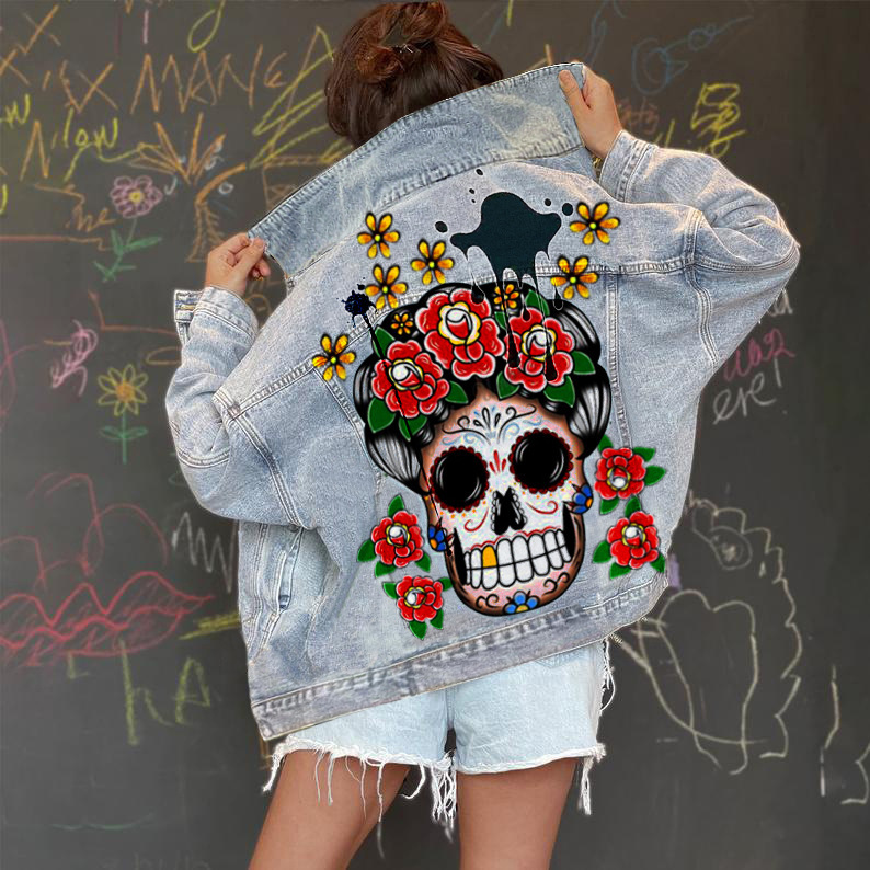 Women Casual Long Sleeves Graphic Printed Single-Breasted Denim Jacket