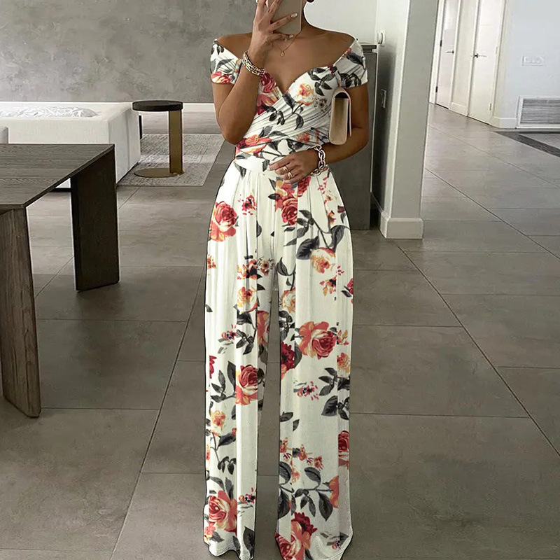 Women Elegant Off-Shoulder Floral Print Casual High Waist Wed Leg Jumpsuits