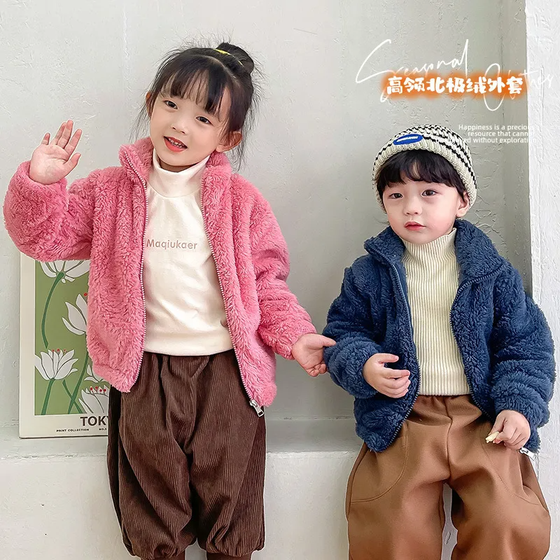 Kids Toddler Girls Boys Autumn Winter Fashion Casual Cute Solid Color Turtle Neck Woollining Zipper Coat