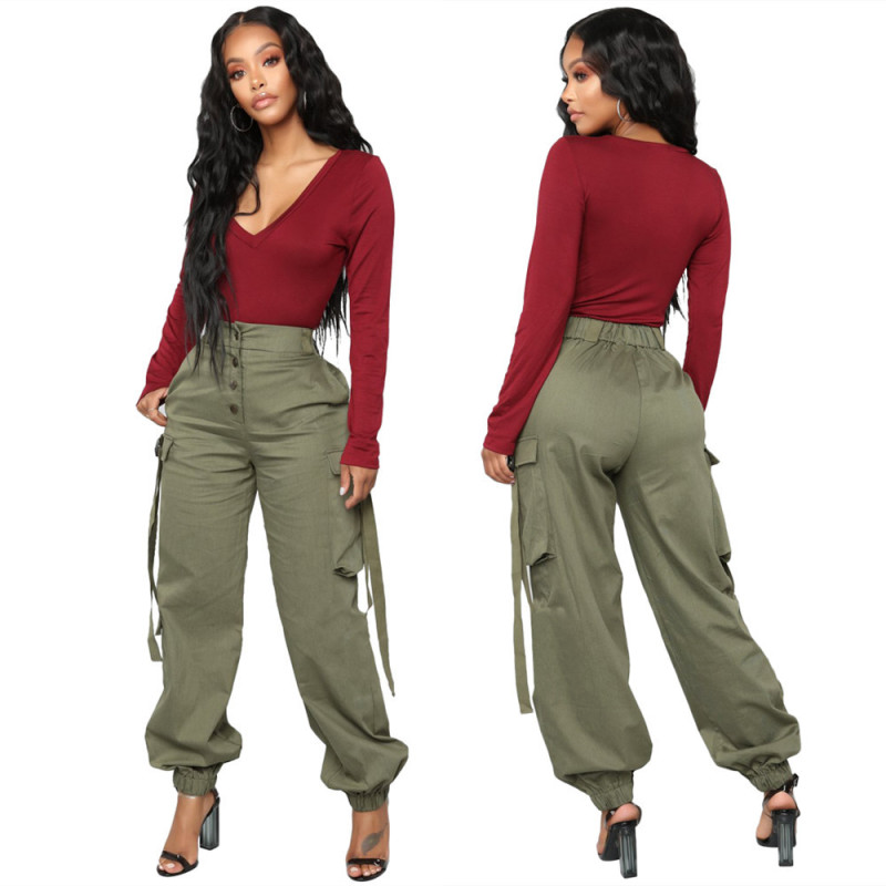 Women Fashion Casual Multi-Pocket Button Middle Waist Pants