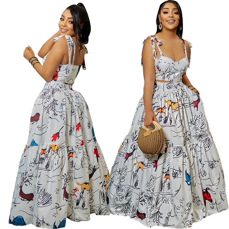 Women Fashion Printed Sleeveless Spaghetti Strap Backless Top High Waist Long Skirt Sets