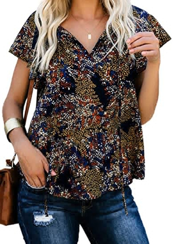 Women Fashion Summer Casual Floral Print V-Neck Short-Sleeved Blouse