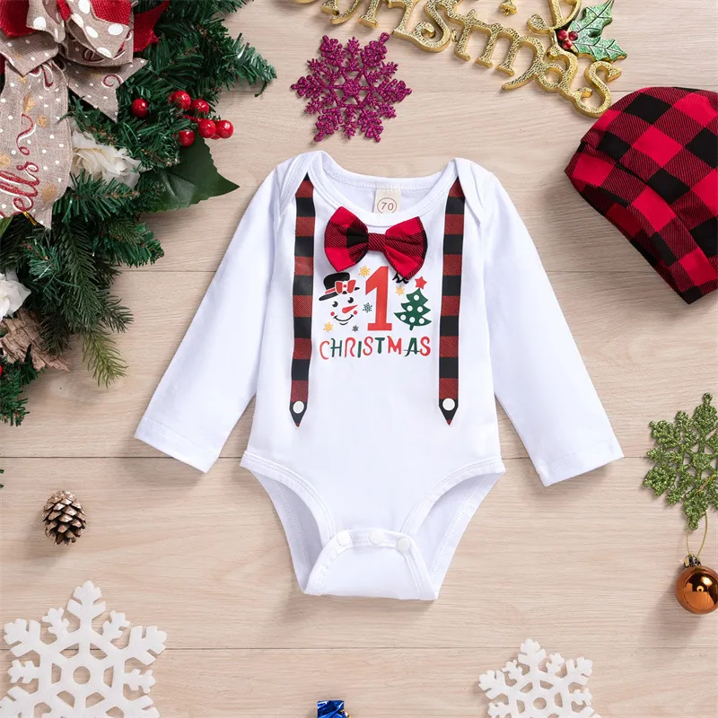 Kids Baby Boys Girls Christmas Bow Long Sleeve Round Neck Romper Played Trousers Sets