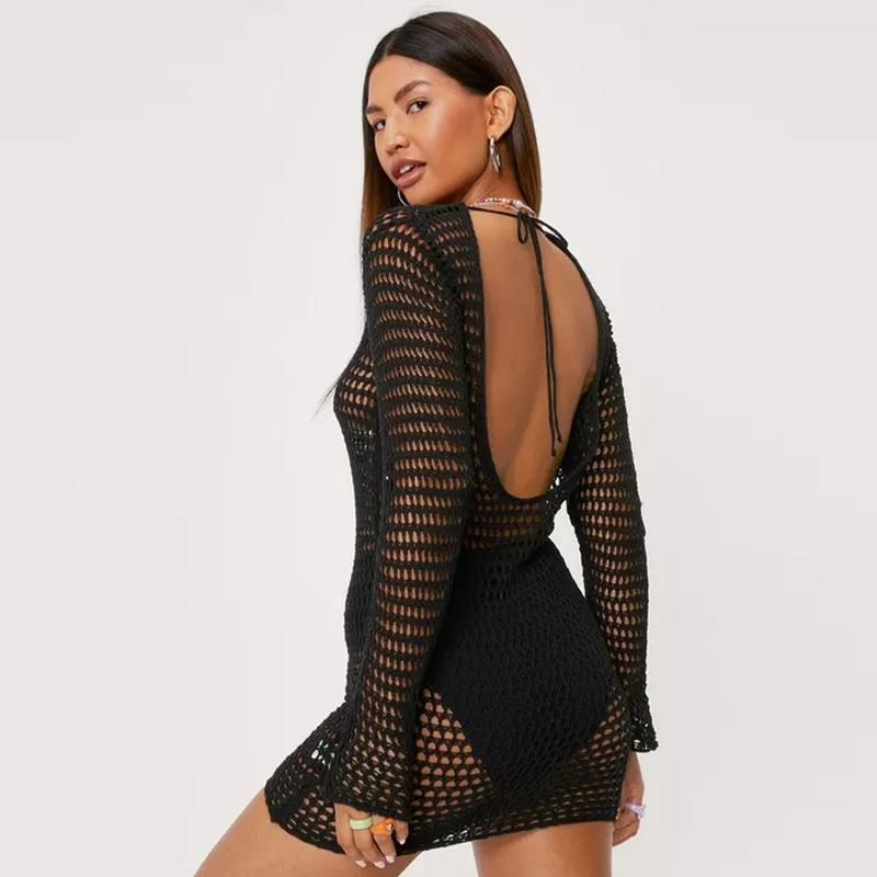 Women Sexy Backless Hollow See-Through Mesh Long-Sleeved Tight Dress