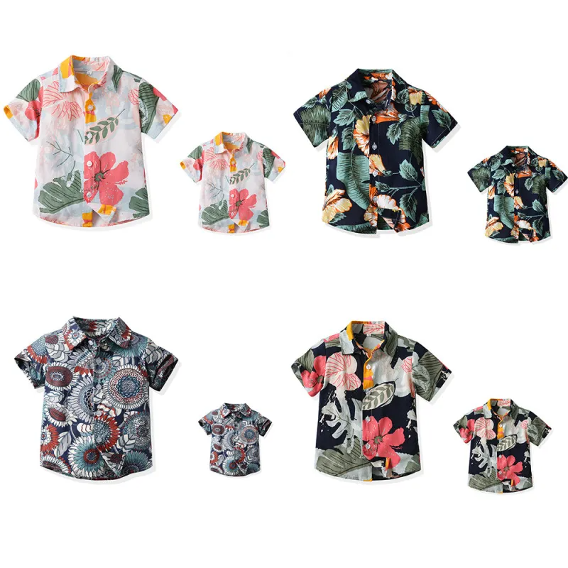 Children Kids Fashion Casual Vacation Cotton Lapel Floral Print Single-Breasted Short-Sleeved Top