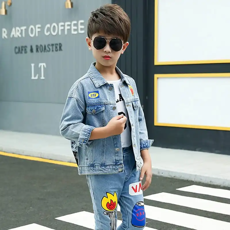 Kids Fashion Torch Pattern Letter Printed Denim Jacket