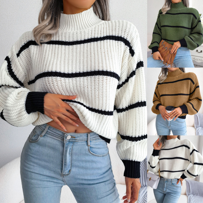 Women Fashion Casual Basic Stripe Lantern Sleeve Turtleneck Knitted Sweater