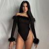 Women Fashion Elegant Solid Color Feather Plush Off-Shoulder Long Sleeve Tight Bodysuit