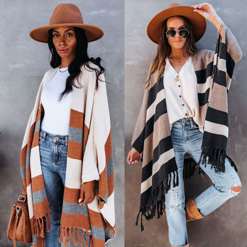 Autumn Winter Women Fashion Stripe Tassel Sweater Sweater Coat