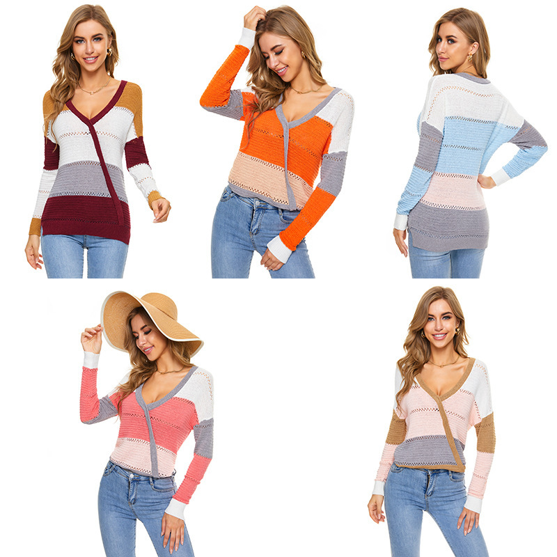 Women Casual Loose V-Neck Color Blocking Knitted Sweater