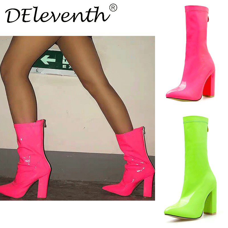 Women Sexy Bright Neon Color Chunky Heel Back Zipper Spring Summer Mid Calf Boots