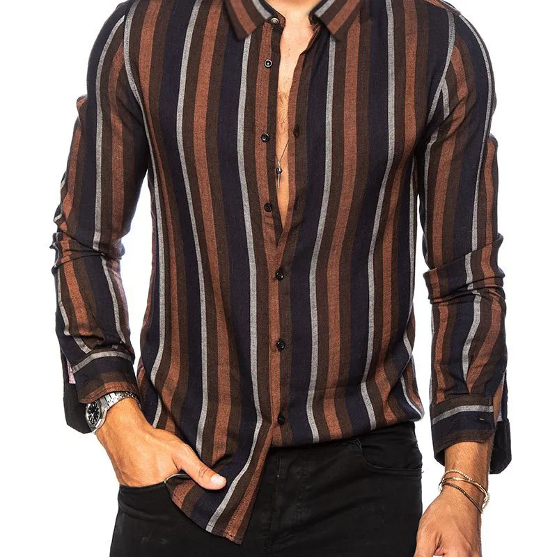 Men Casual Long Sleeve Lapel Stripe Printed Single-Breasted Shirt