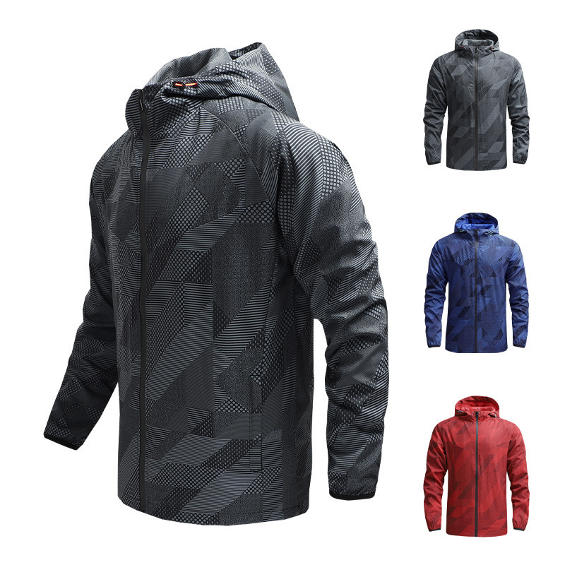 Men Casual Stand Collar Long Sleeve Hooded Zipper Quick Dry Windproof Outdoor Sports Jacket