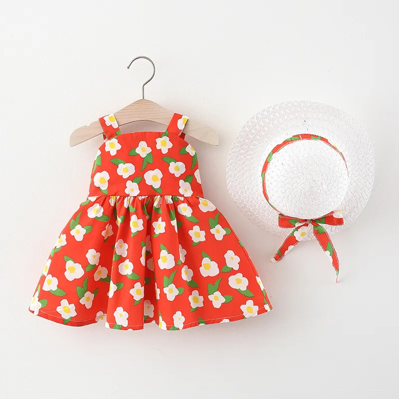 Toddlers Newborn Baby Fashion Girls Sleeveless Flower Print Bowknot Cute Dress And Straw Hat