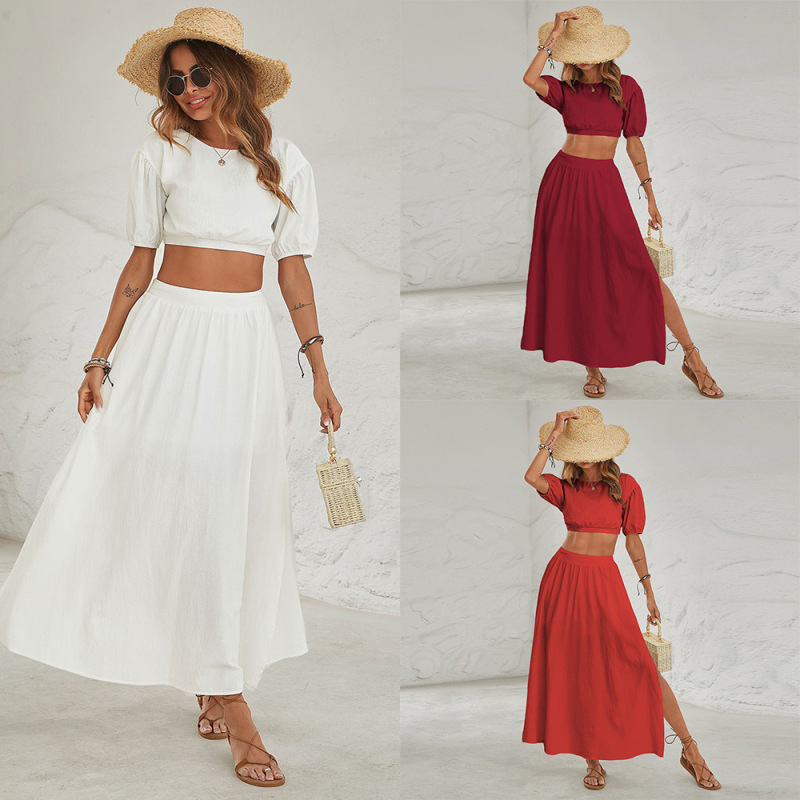 Women Summer Vacation Solid Color Short-Sleeved Short Top And Long Skirt Fashion Two Pieces Set