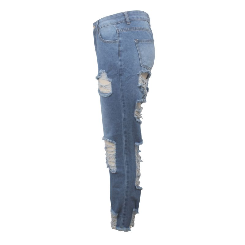 Unique Stone-Washed Raw Hem Ripped Straight Jeans