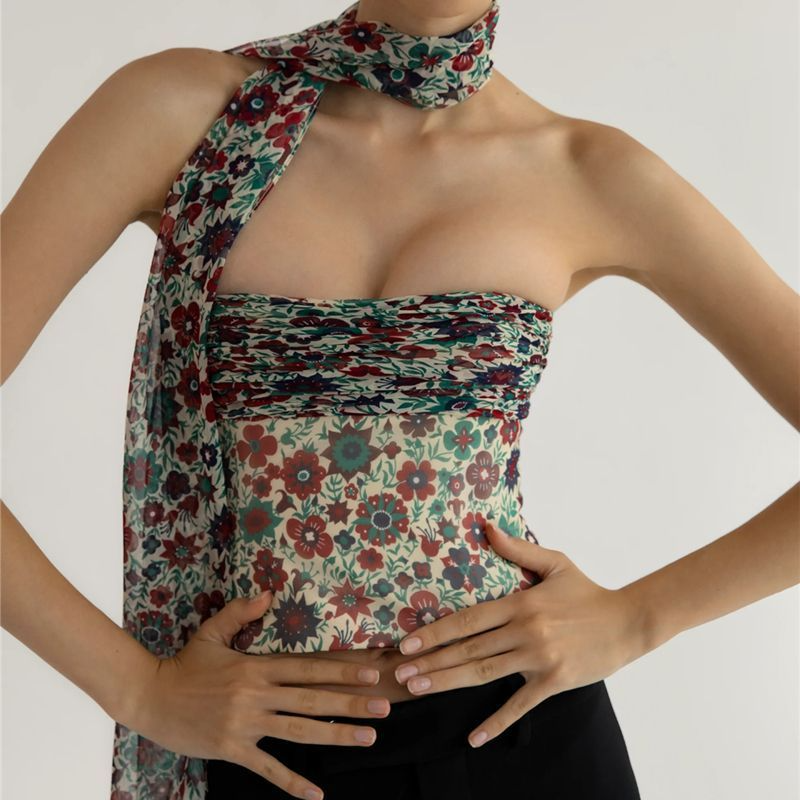 Women Fashion Summer Vacation Floral Printing Slim Tube Top