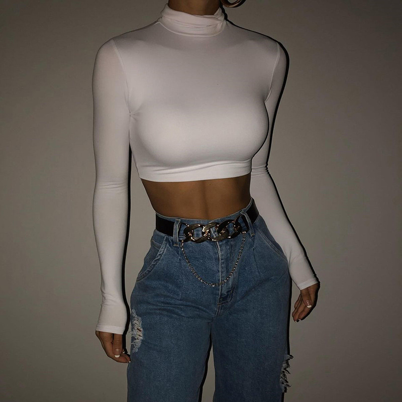 Fashion Casual Women'S Long-Sleeved High-Necked Solid Color Basic Cropped Tops