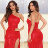 Women Fashion Sexy Oblique Shoulder Sleeveless Sequin High Cut Side Split Party Maxi Dress