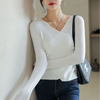 Women V-Neck Fashion Long-Sleeved Irregular Side Button Surplice Knitwear