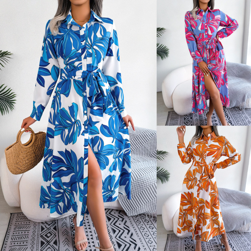 Women Ramadan /Eid Fashion Casual Floral Print Lace-Up Long Sleeve Dress