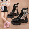 Women Fashion Plus Size Plaid Pocket Thick-Soled Martin Short Combat Boots