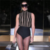 Summer Women Fashion High Street Stripe See-Through Mesh Sleeveless Back Zipper Slim Bodysuit