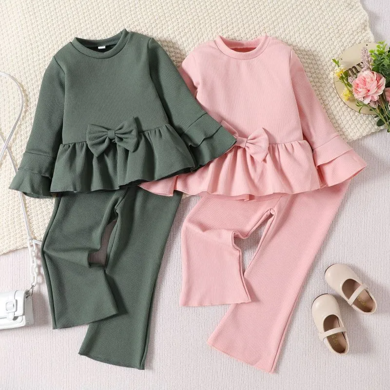 (Buy 1 Get 2) Kid Girl Casual Solid Color Long Sleeve Bow Set